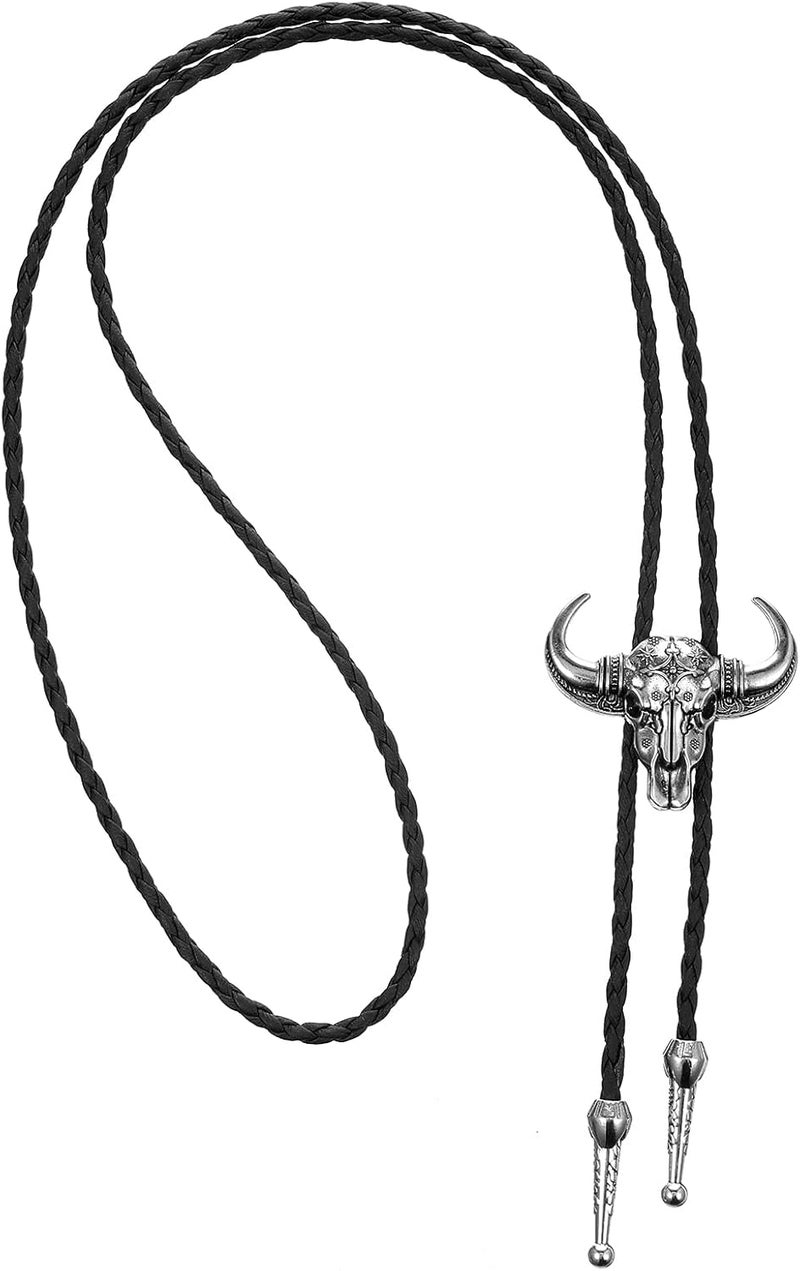 ElevateTech Bolo Tie for Men Rodeo Cowboy Leather Necktie Western Necklace Silver Bolo Necktie Cow Skull Cowboy Tie Halloween Costume Accessories Christmas Gift Men Women - Image 1